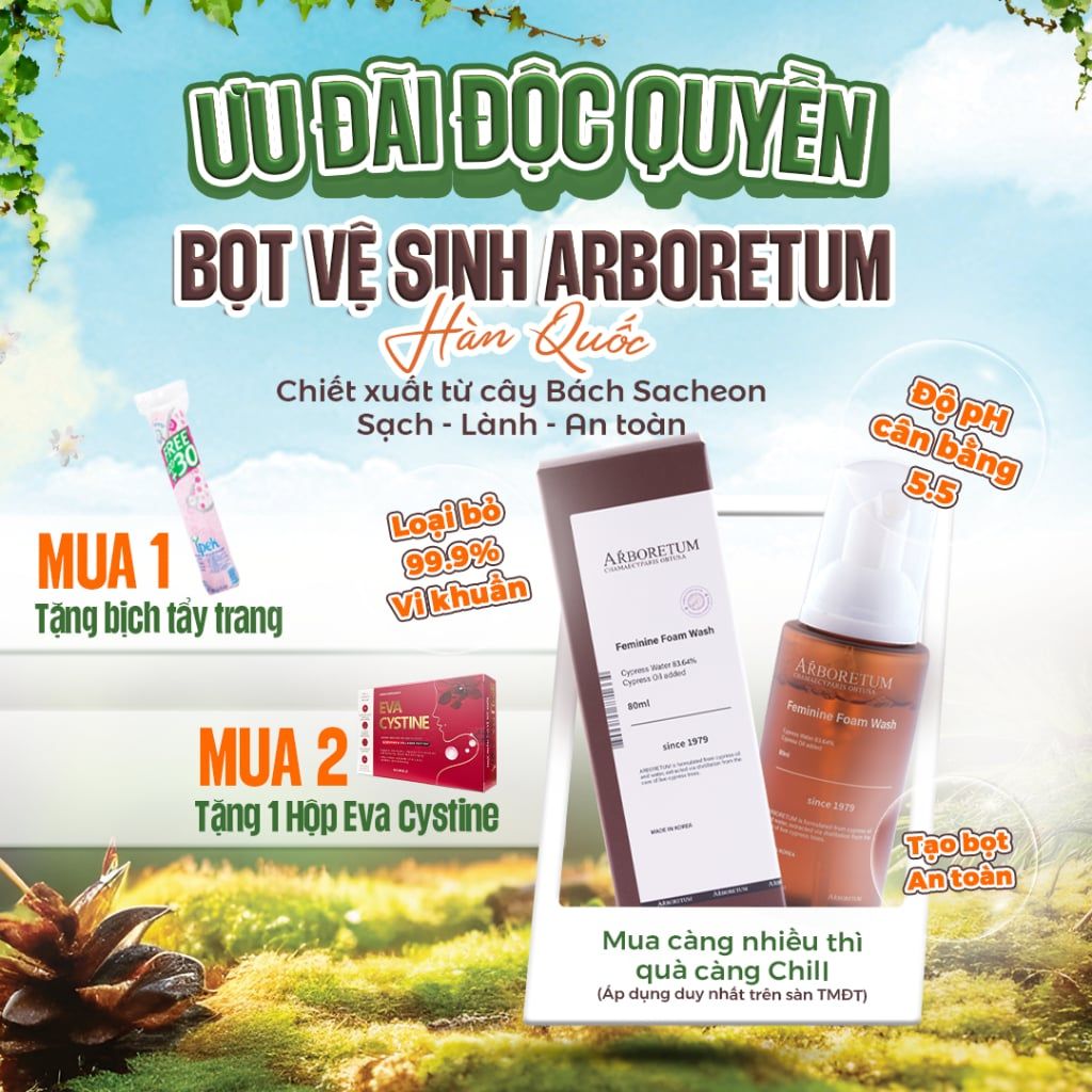  Dung Dịch Vệ Sinh Phụ Nữ Arboretum Dạng Bọt Dịu Nhẹ Làm Sạch Và Kháng Khuẩn Nấm Ngăn Mùi - Chai 80ml 
