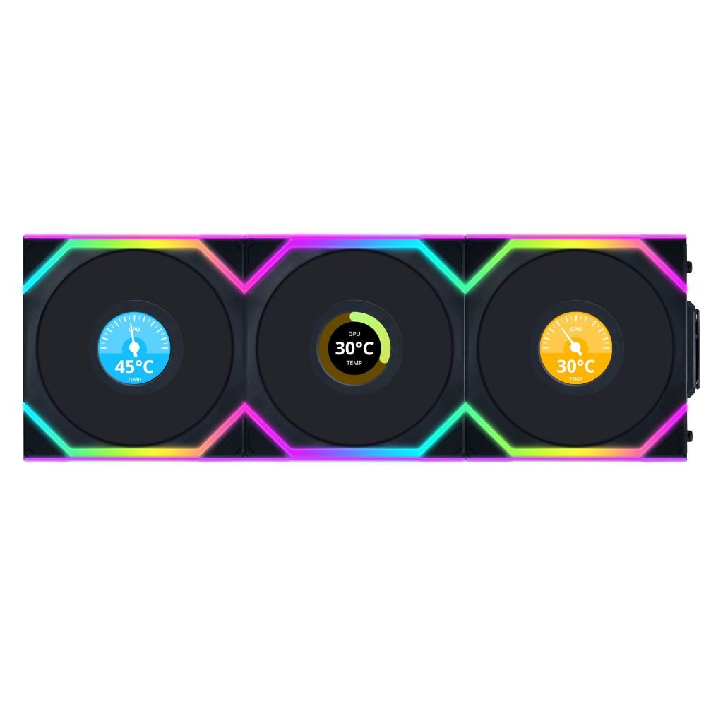 Fan Case LIAN LI UNI FAN SL WIRELESS LCD 120 REVERSE | TRIPPLE PACK - BLACK (BỘ 3 CÁI KÈM HUB USB - CÁNH NGƯỢC)