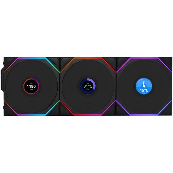 Fan Case LIAN LI UNI FAN TL WIRELESS LCD 120 REVERSE | TRIPPLE PACK - BLACK (BỘ 3 CÁI KÈM HUB USB - CÁNH NGƯỢC)