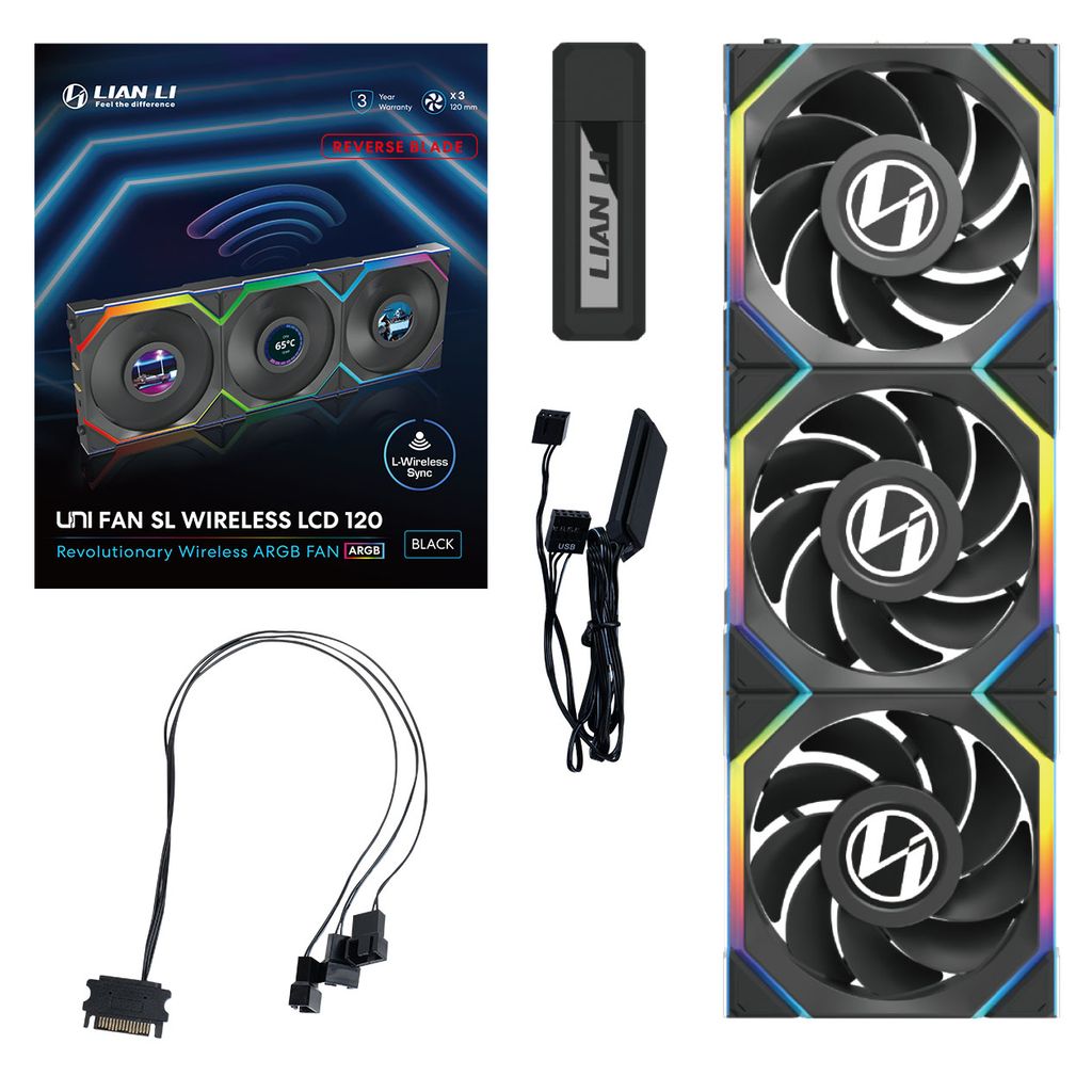 Fan Case LIAN LI UNI FAN SL WIRELESS LCD 120 REVERSE | TRIPPLE PACK - BLACK (BỘ 3 CÁI KÈM HUB USB - CÁNH NGƯỢC)