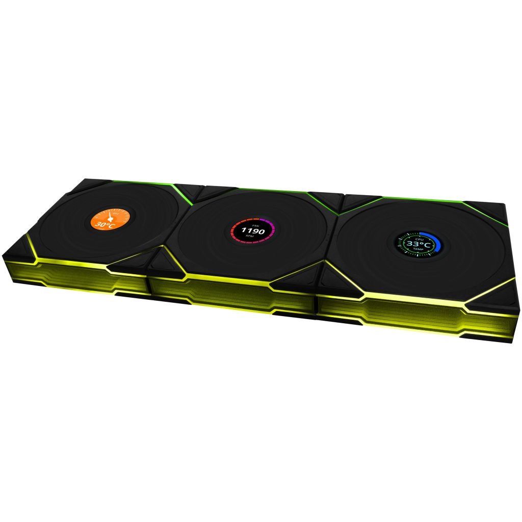 Fan Case LIAN LI UNI FAN TL WIRELESS LCD 120 REVERSE | TRIPPLE PACK - BLACK (BỘ 3 CÁI KÈM HUB USB - CÁNH NGƯỢC)