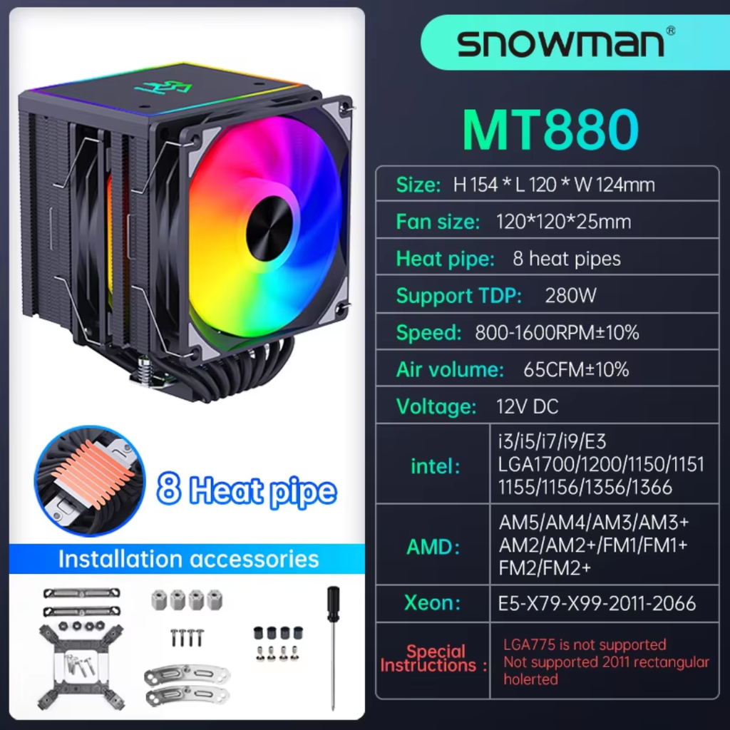 Tản nhiệt khí CPU SNOWMAN MT880 BLACK / WHITE (8 Ống đồng/2 tháp/LED ARGB 5V/LED RGB AUTO)