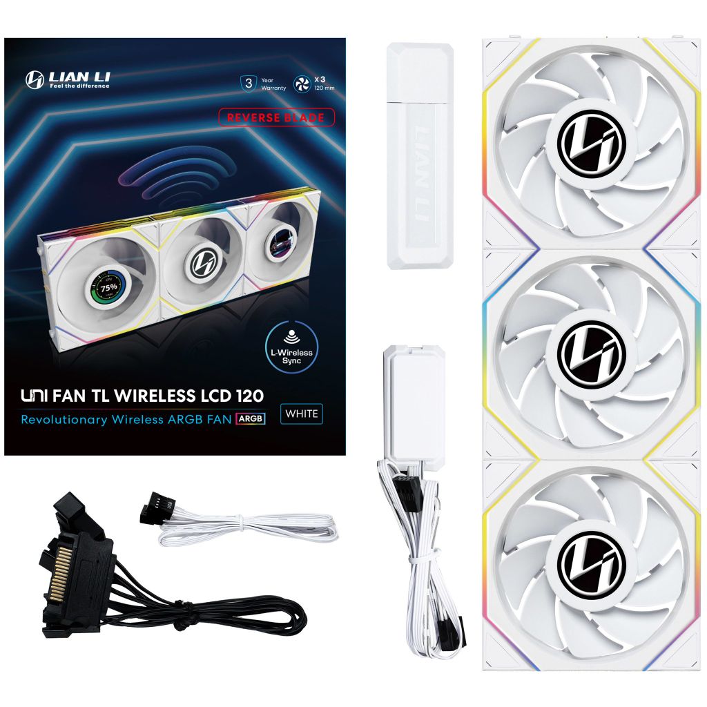 Fan Case LIAN LI UNI FAN TL WIRELESS LCD 120 REVERSE | TRIPPLE PACK - WHITE (BỘ 3 CÁI KÈM HUB USB - CÁNH NGƯỢC)