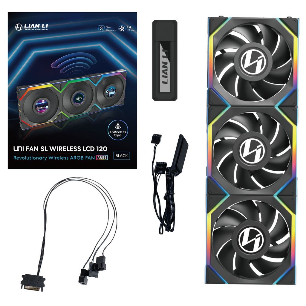 Fan Case LIAN LI UNI FAN SL WIRELESS LCD 120 | TRIPPLE PACK - BLACK (BỘ 3 CÁI KÈM HUB USB - CÁNH THUẬN)