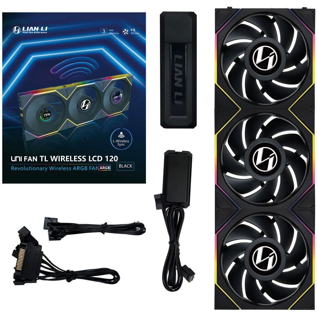 Fan Case LIAN LI UNI FAN TL WIRELESS LCD 120 | TRIPPLE PACK - BLACK (BỘ 3 CÁI KÈM HUB USB - CÁNH THUẬN)