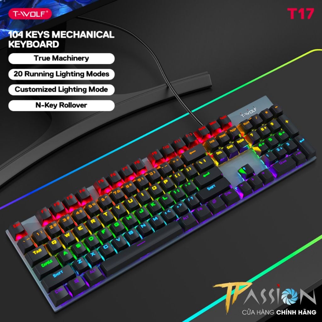 Bàn phím cơ Gaming LED RGB T-WOLF T17 Black - Chính Hãng, Keyboard 104 Key, Blue Switch, 20 Chế Độ LED Rainbow ARGB