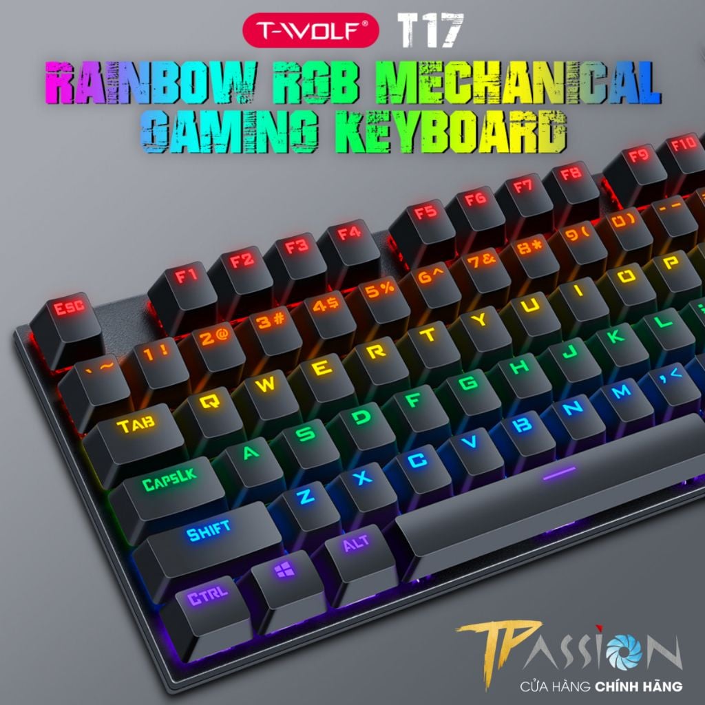 Bàn phím cơ Gaming LED RGB T-WOLF T17 Black - Chính Hãng, Keyboard 104 Key, Blue Switch, 20 Chế Độ LED Rainbow ARGB