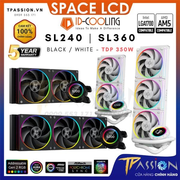 Tản nhiệt nước AIO CPU ID-COOLING SPACE LCD SL360 / SL240 ARGB BLACK / WHITE - Chính hãng BH 5 NĂM PWM, màn hình, LED 5v