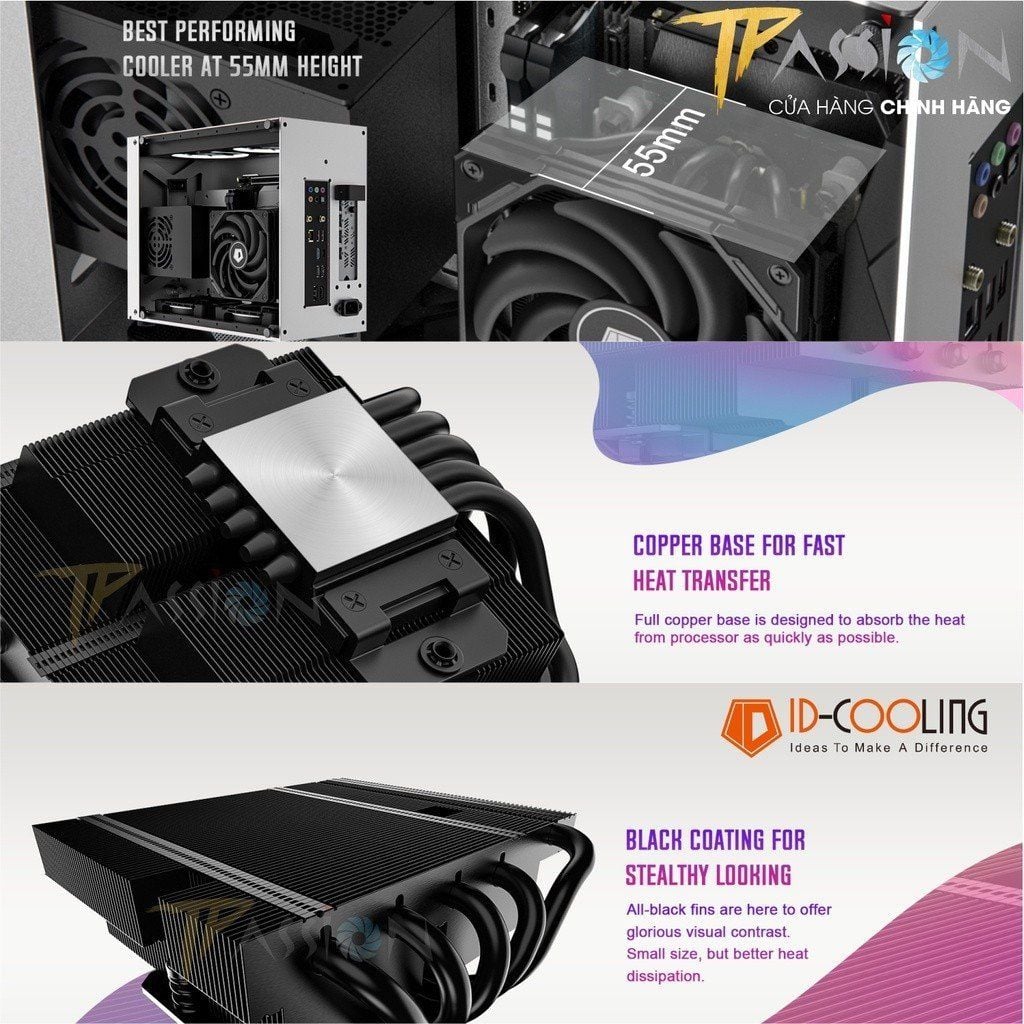 Tản nhiệt khí CPU ID-Cooling IS-55 BLACK | WHITE LED ARGB - Chính hãng, Slim fan, ITX, mITX, HTPC, hỗ trợ LGA1700