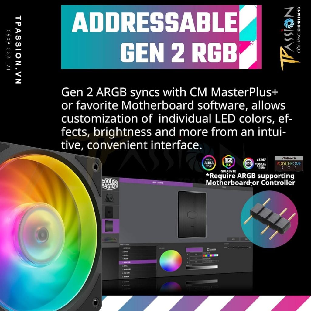 Quạt Fan Case 12cm Cooler Master Mobius 120P ARGB BLACK / WHITE - Chính hãng, tản nhiệt tốc 2400RPM, LED 5V Rainbow Sync