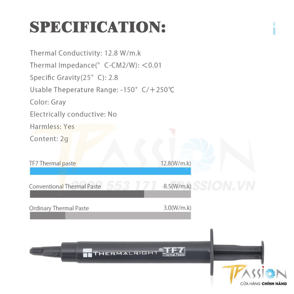 Keo tản nhiệt 12.8W/mK THERMALRIGHT TF7 - Chính hãng, dẫn nhiệt khủng, không dẫn điện, bền bỉ