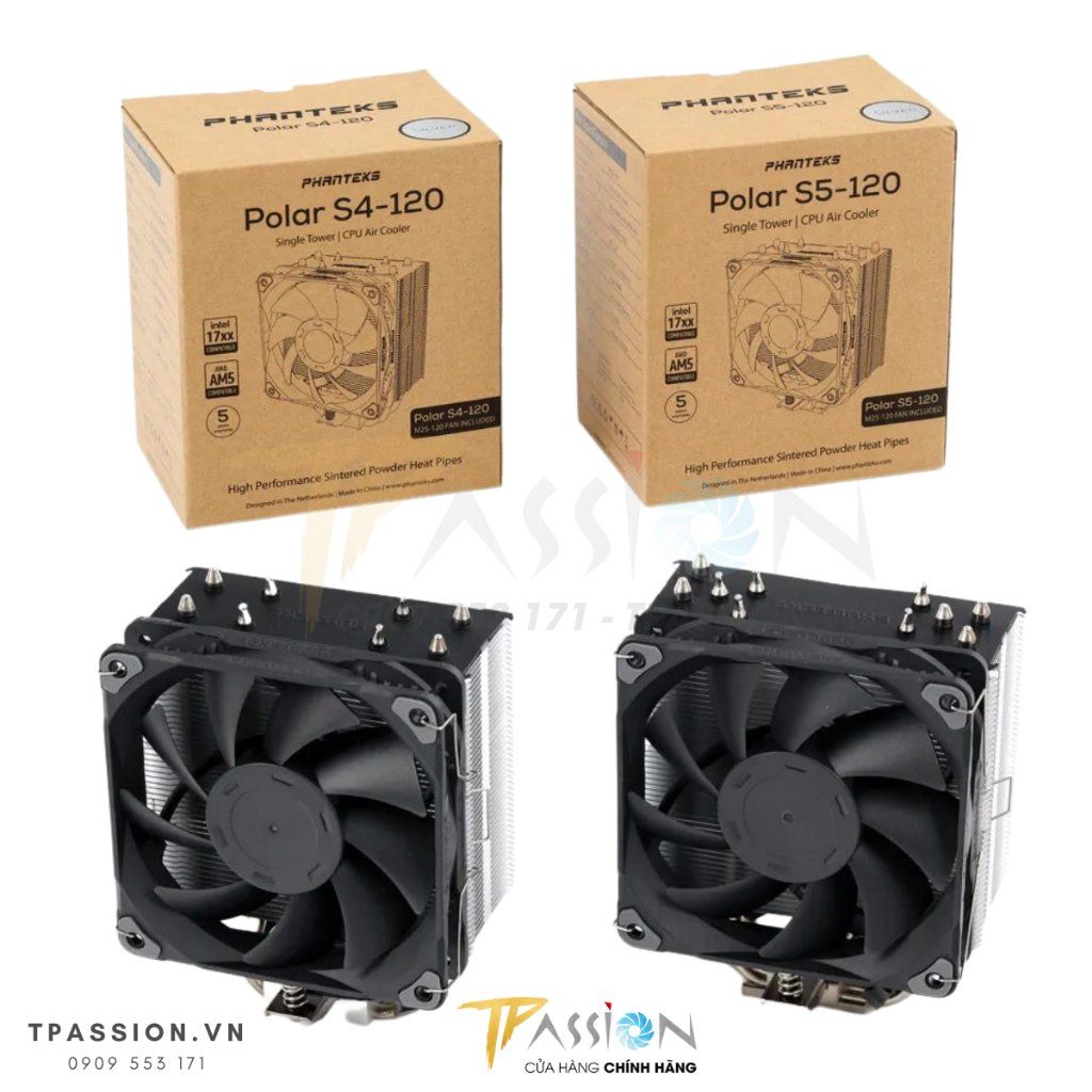 Tản nhiệt khí CPU PHANTEKS POLAR S5 / S5 LED DRGB / S4 - Chính hãng, tản tháp quạt PWM, LED ARGB sync, 1700, 5 ống đồng