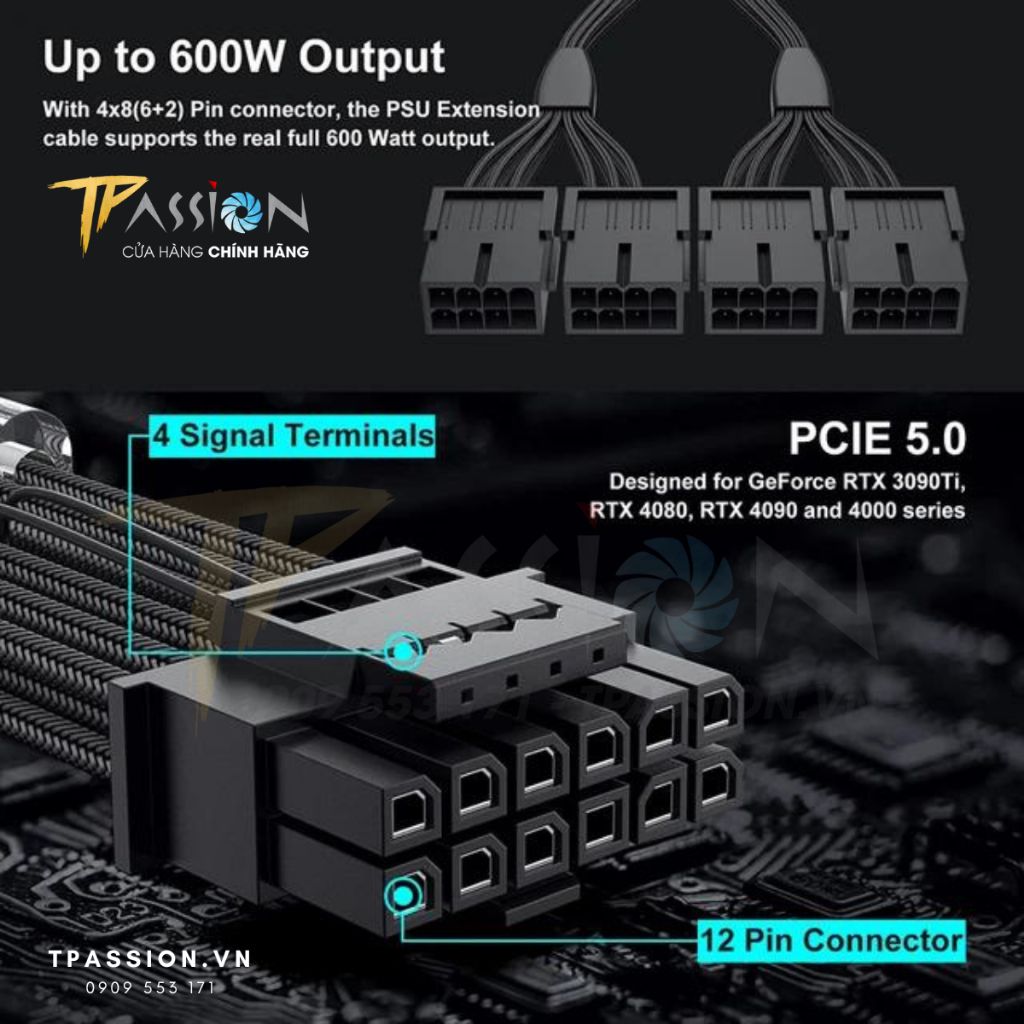 Dây Nguồn Bọc Lưới Nối Dài VGA PCIe 5.0 TEUCER - GPU RTX 3090ti/4090/4080/4070, 12 + 4 pin 12VHPWR 600W, chuẩn 16AWG