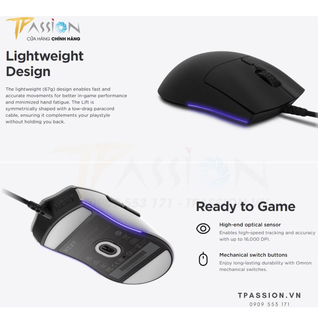 Chuột máy tính PC Gaming NZXT LIFT (White / Black) - Lightweight Symmetrical Mouse - Chính hãng, 16.000 DPI, có dây
