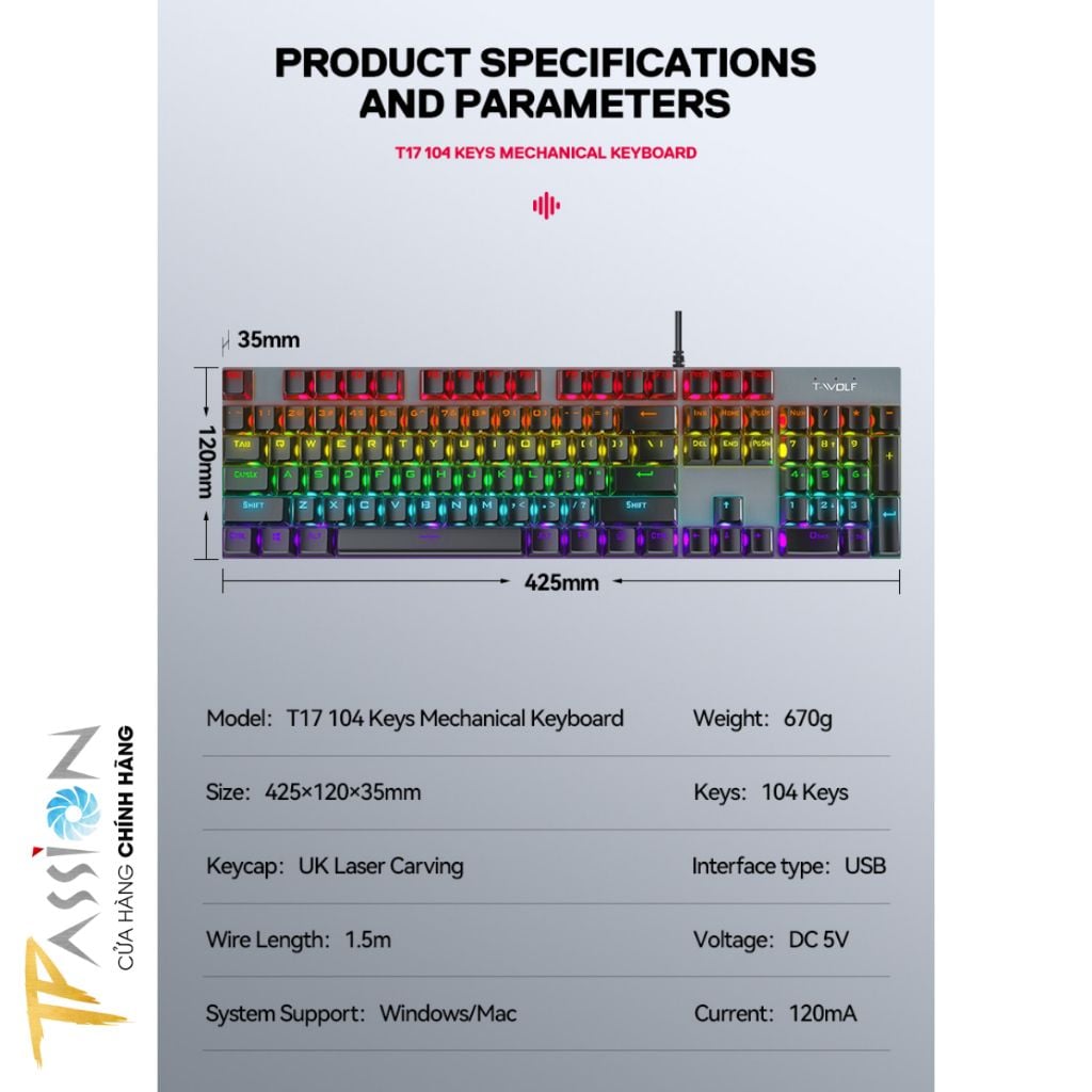Bàn phím cơ Gaming LED RGB T-WOLF T17 Black - Chính Hãng, Keyboard 104 Key, Blue Switch, 20 Chế Độ LED Rainbow ARGB
