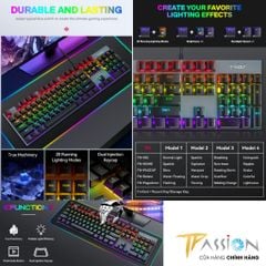 Bàn phím cơ Gaming LED RGB T-WOLF T17 Black - Chính Hãng, Keyboard 104 Key, Blue Switch, 20 Chế Độ LED Rainbow ARGB