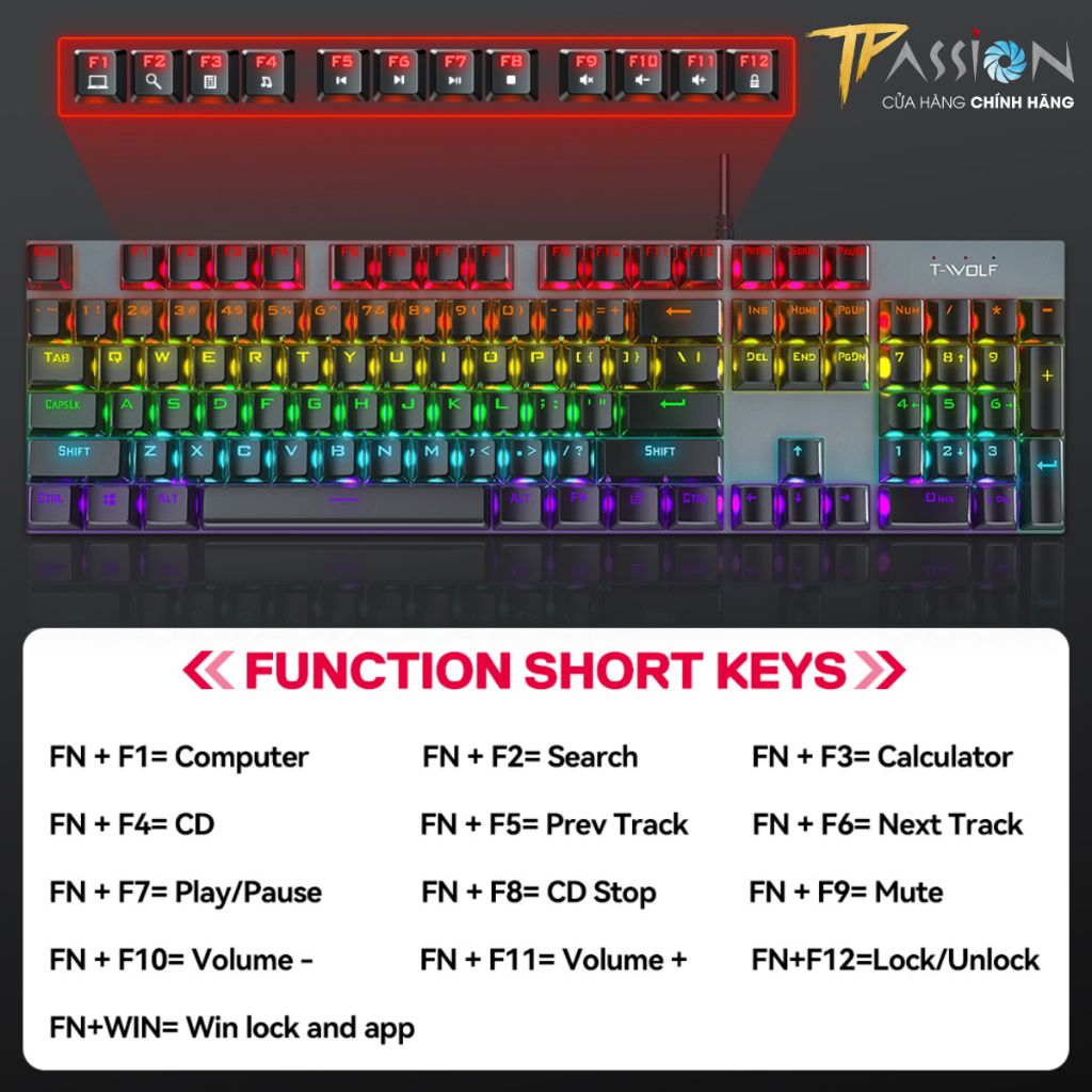 Bàn phím cơ Gaming LED RGB T-WOLF T17 Black - Chính Hãng, Keyboard 104 Key, Blue Switch, 20 Chế Độ LED Rainbow ARGB