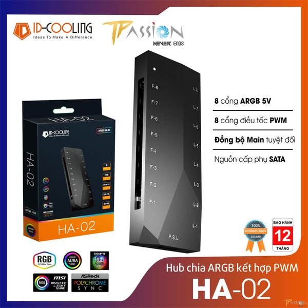 Fan Hub ID-Cooling HA-02 ARGB kết hợp 8 cổng PWM và 8 cổng LED ARGB 3 Pin 5V