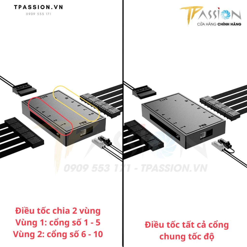 Bộ hub chia nguồn quạt ID-Cooling FH-10 PWM - Chính hãng, 10 cổng 4pin PWM, 3pin 4pin Fan case
