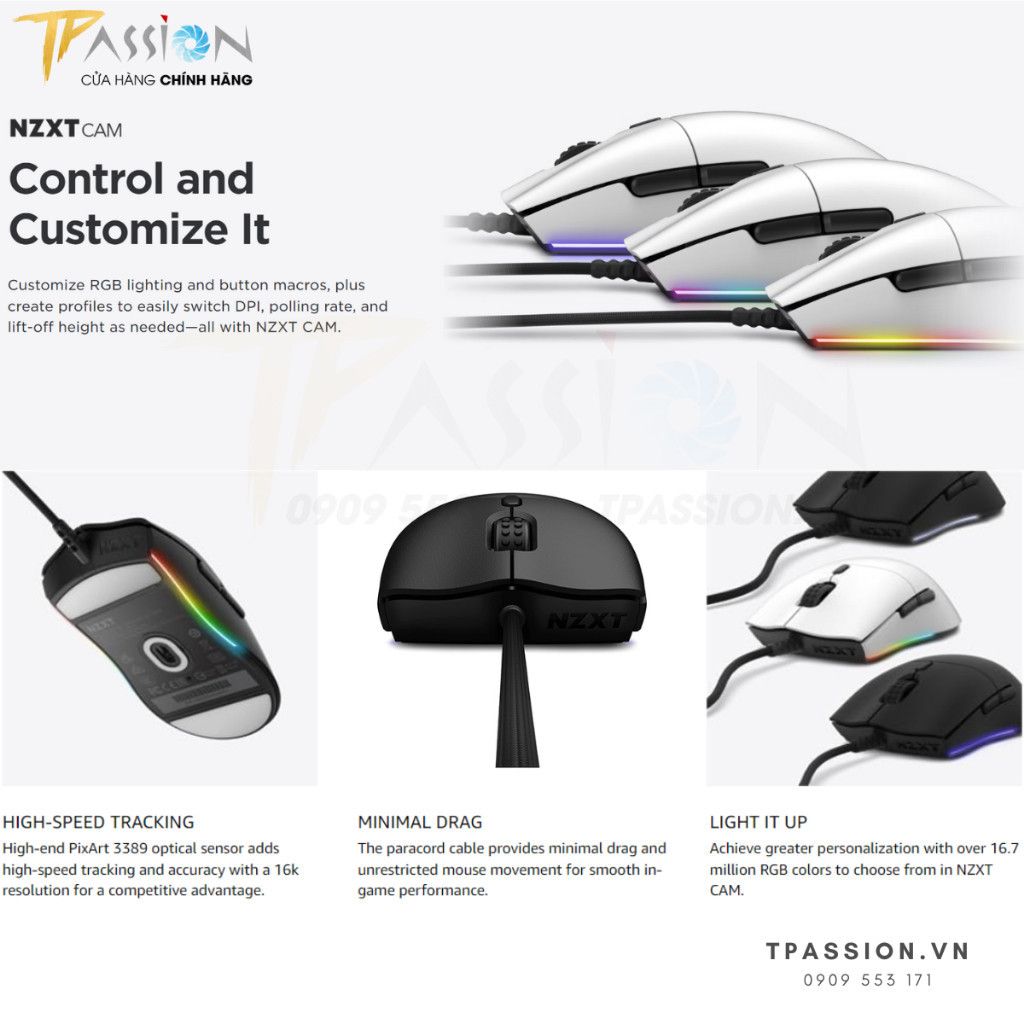 Chuột máy tính PC Gaming NZXT LIFT (White / Black) - Lightweight Symmetrical Mouse - Chính hãng, 16.000 DPI, có dây