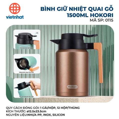  Bình giữ nhiệt quai gỗ 1500ml Hokori 0115 