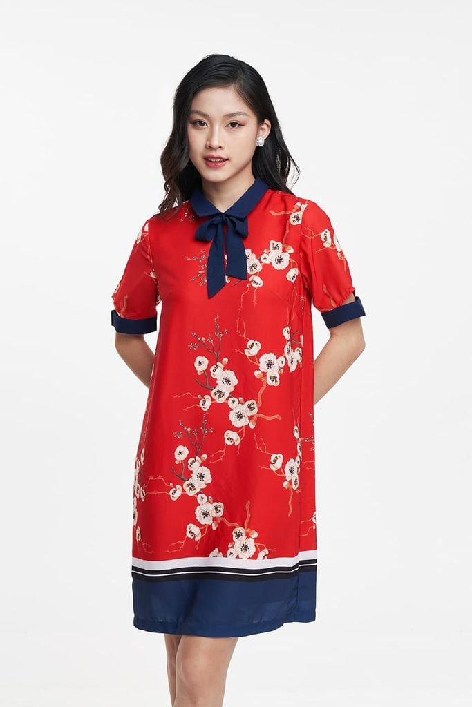 Đầm Đỏ Hoạ Tiết Hoa Nữ Tay Lửng N&M 1908045