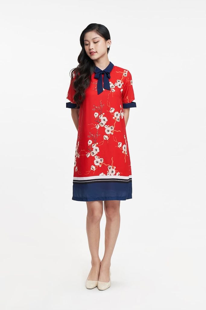 Đầm Đỏ Hoạ Tiết Hoa Nữ Tay Lửng N&M 1908045