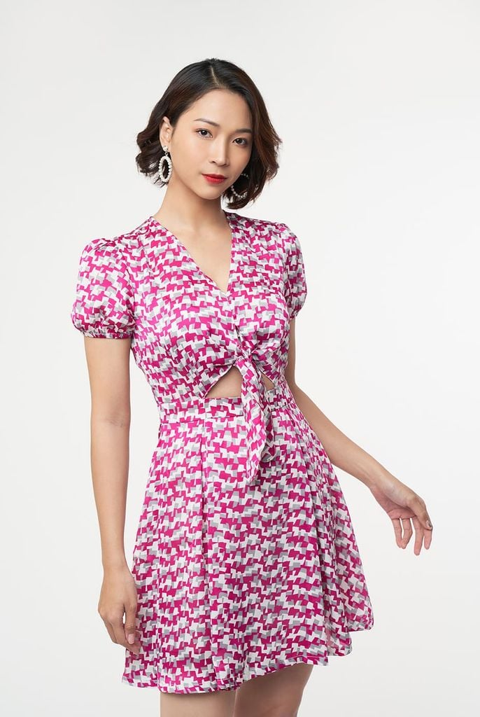 Đầm Nữ hoạ thiết thắt nơ eo N&M 2101038
