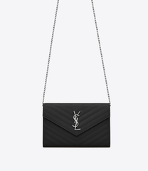 CASSANDRE SAINT LAURENT MATELASSÉ ENVELOPE CHAIN WALLET IN GRAIN DE POUDRE EMBOSSED LEATHER 22