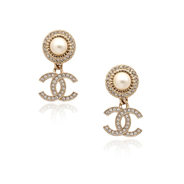 Gold Metal, White Strass, and Imitation Pearl Bow-tiful CC Drop Earrings