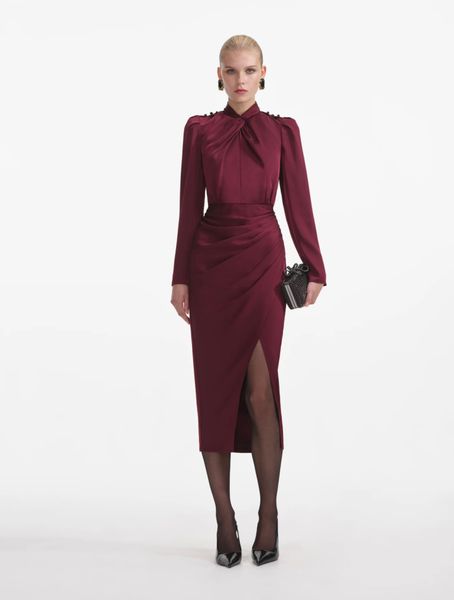 BURGUNDY SATIN MIDI DRESS
