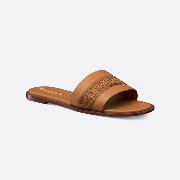 Dway Slide Camel Calfskin and Embroidered Cotton