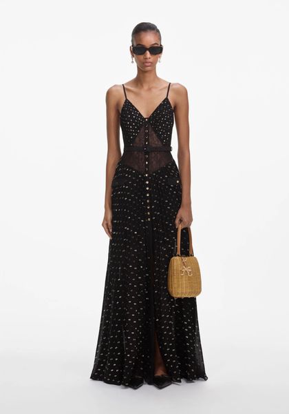 BLACK AND GOLD CHIFFON MAXI DRESS