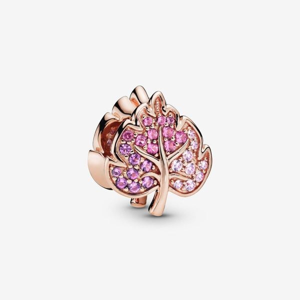 Charm bạc mạ vàng hồng 14k hình Pandora Moments chiếc lá đính đá Cubic Zirconia nhiều màu