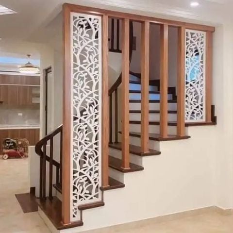  Lam gỗ cầu thang kết hợp vách hoa văn 