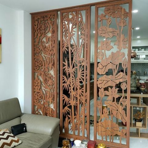  Vách ngăn cnc phòng khách - họa tiết hoa sen lá trúc 