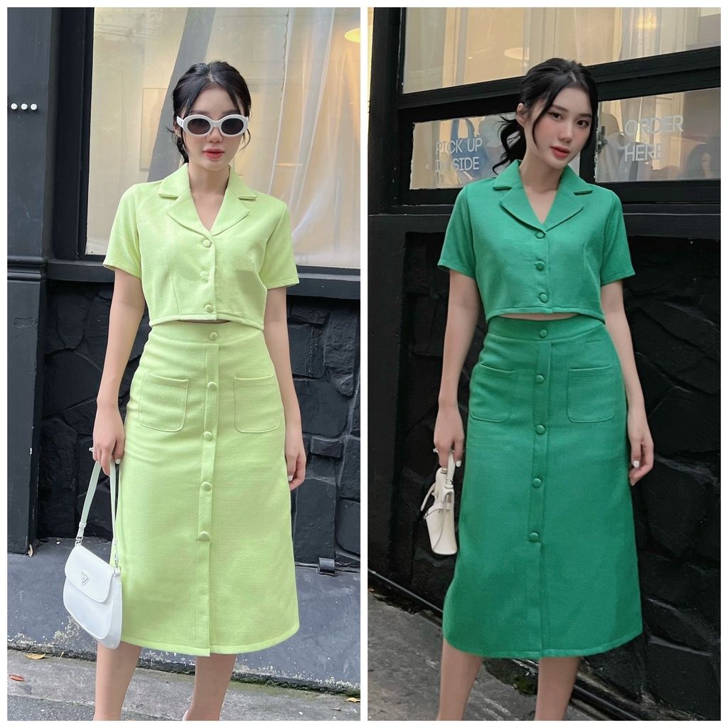 Set áo crop top tay dài phối chân váy xẻ tà dễ thương #35 Set áo crop top tay dài phối chân váy xẻ tà dễ thương