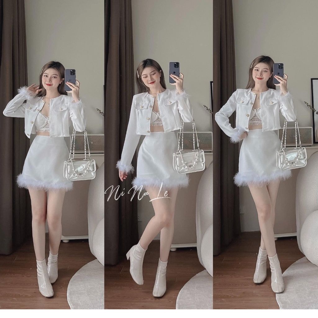 Sét đồ nữ áo lông vũ cúp ngực phối chân váy mini dáng ngắn sành điệu   Lazadavn
