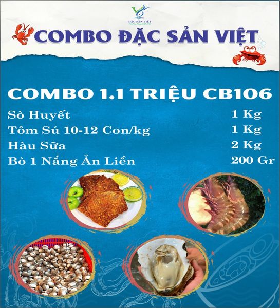  COMBO Hải Sản (Tôm Sú + Bò 1 Nắng Ăn Liền + Hàu Sữa + Sò Huyết) 