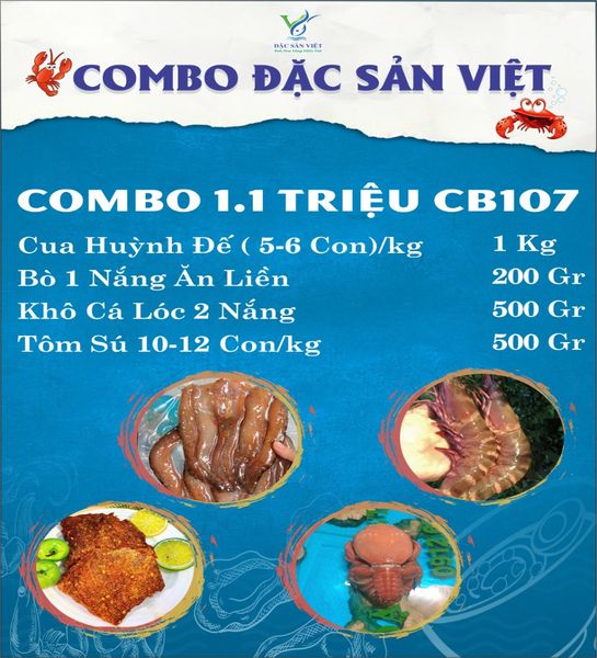  COMBO Hải Sản (Tôm Sú + Bò 1 Nắng Ăn Liền + Cua Huỳnh Đế + Khô Cá Lóc) 