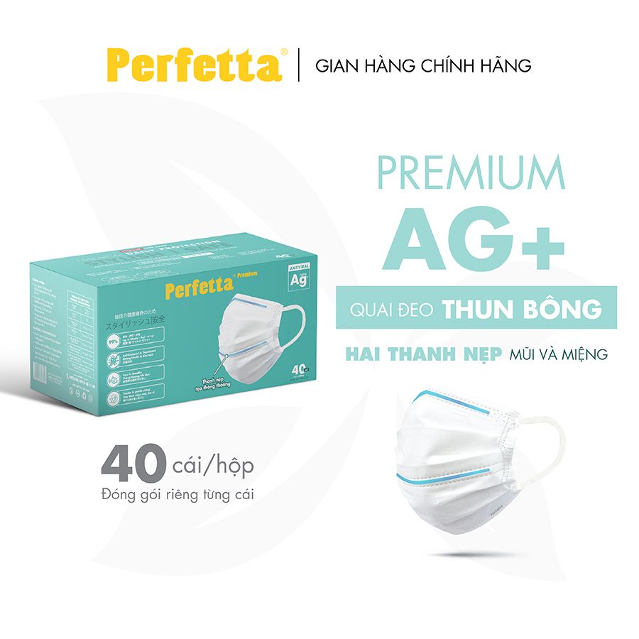  [Premium AG+] Khẩu Trang Cao Cấp Chuẩn Nhật Perfetta Premium AG+, 2 Thanh Nẹp Thông Thoáng (40 cái/hộp) 