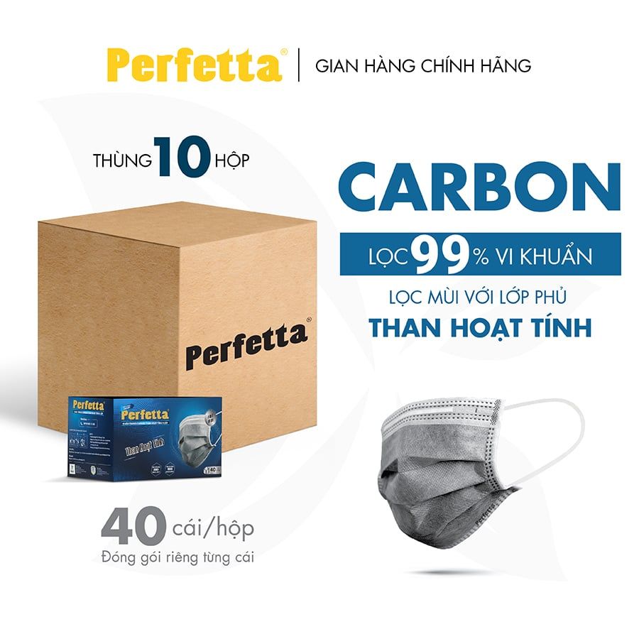  Combo 10 Hộp Khẩu Trang Cao Cấp 4 Lớp Perfetta Carbon Than Hoạt Tính (40 cái/hộp) 