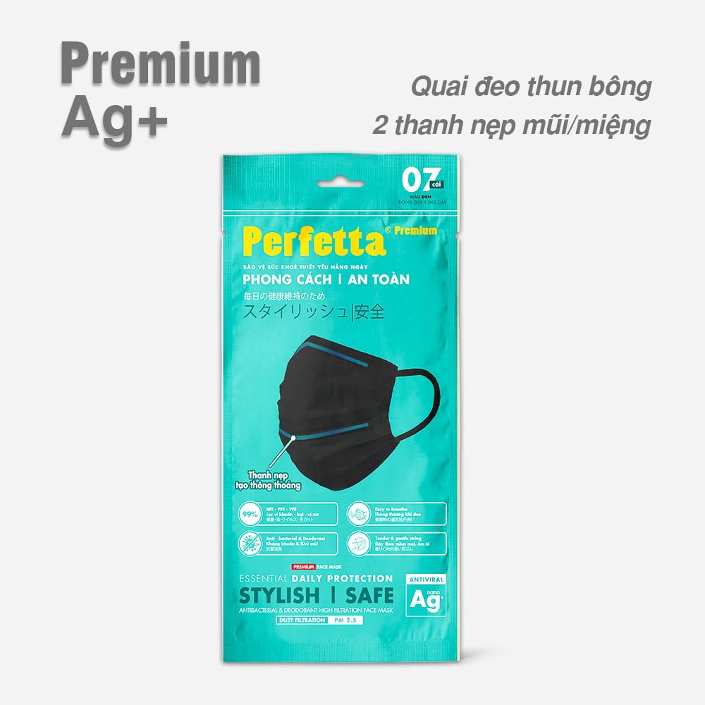 Khẩu Trang Perfetta Premium AG+, 2 Thanh Nẹp Thông Thoáng, Dạng Gói (7 cái/bịch)