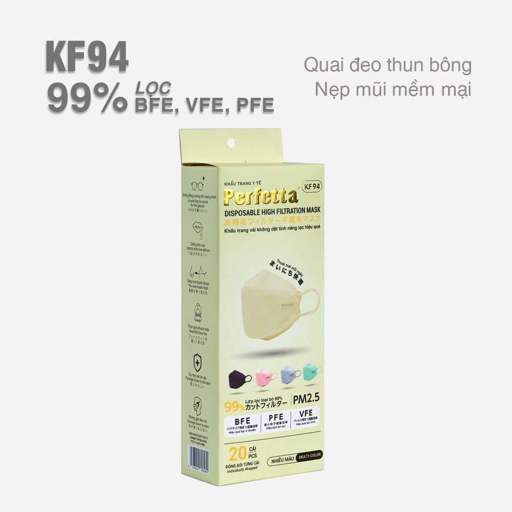 Khẩu Trang Perfetta KF94, 3 Lớp, Chuẩn Form Hàn Quốc (20 Cái/Hộp)