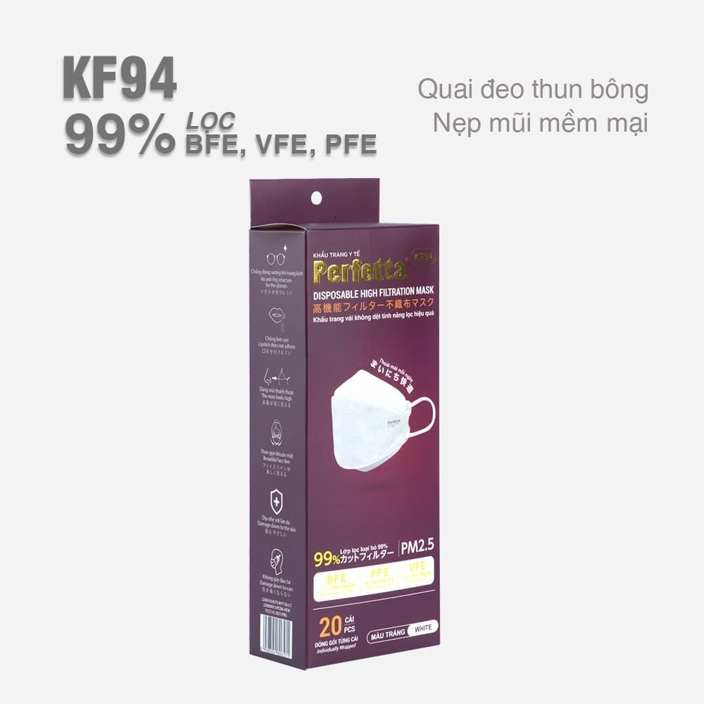 Khẩu Trang Perfetta KF94, 3 Lớp, Chuẩn Form Hàn Quốc (20 Cái/Hộp)