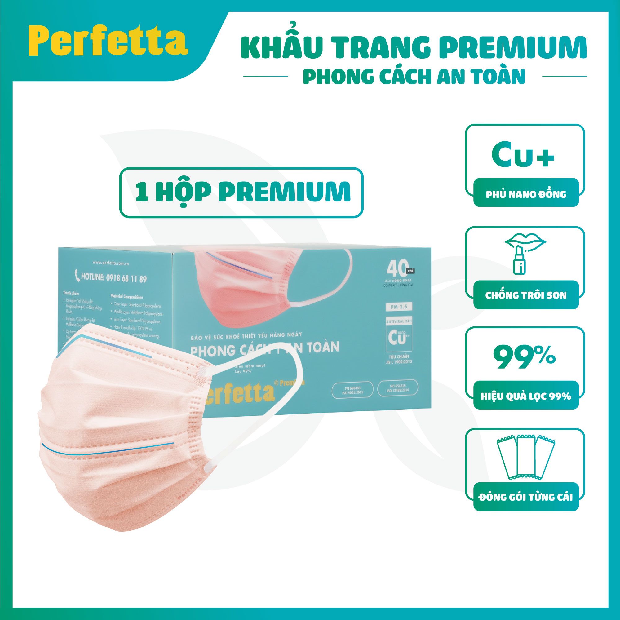  Khẩu trang y tế 3 lớp Perfetta Premium cao cấp hai thanh mũi miệng phủ Nano đồng (40 cái/hộp) 