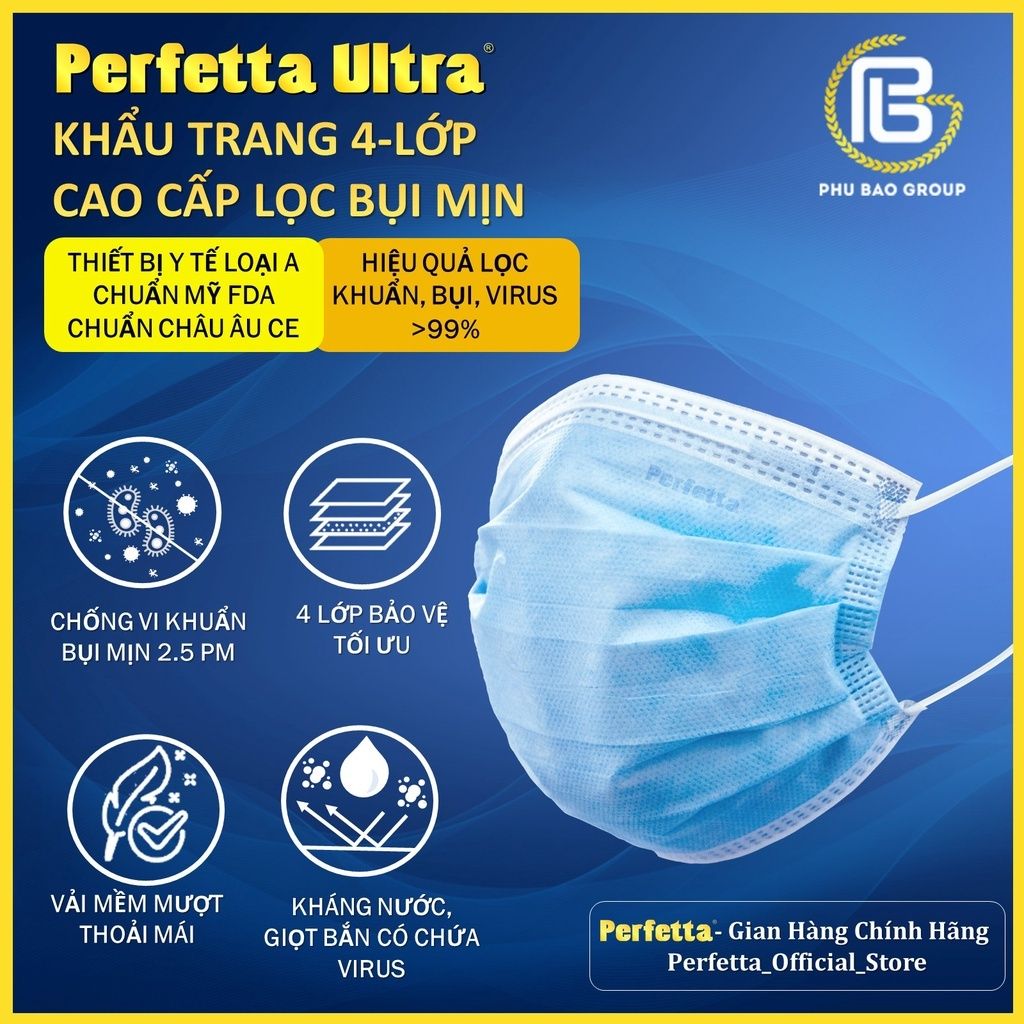 [HÀNG XUẤT KHẨU] Khẩu trang y tế 4 lớp Perfetta Ultra Trắng/Xanh (50 Cái/Hộp)