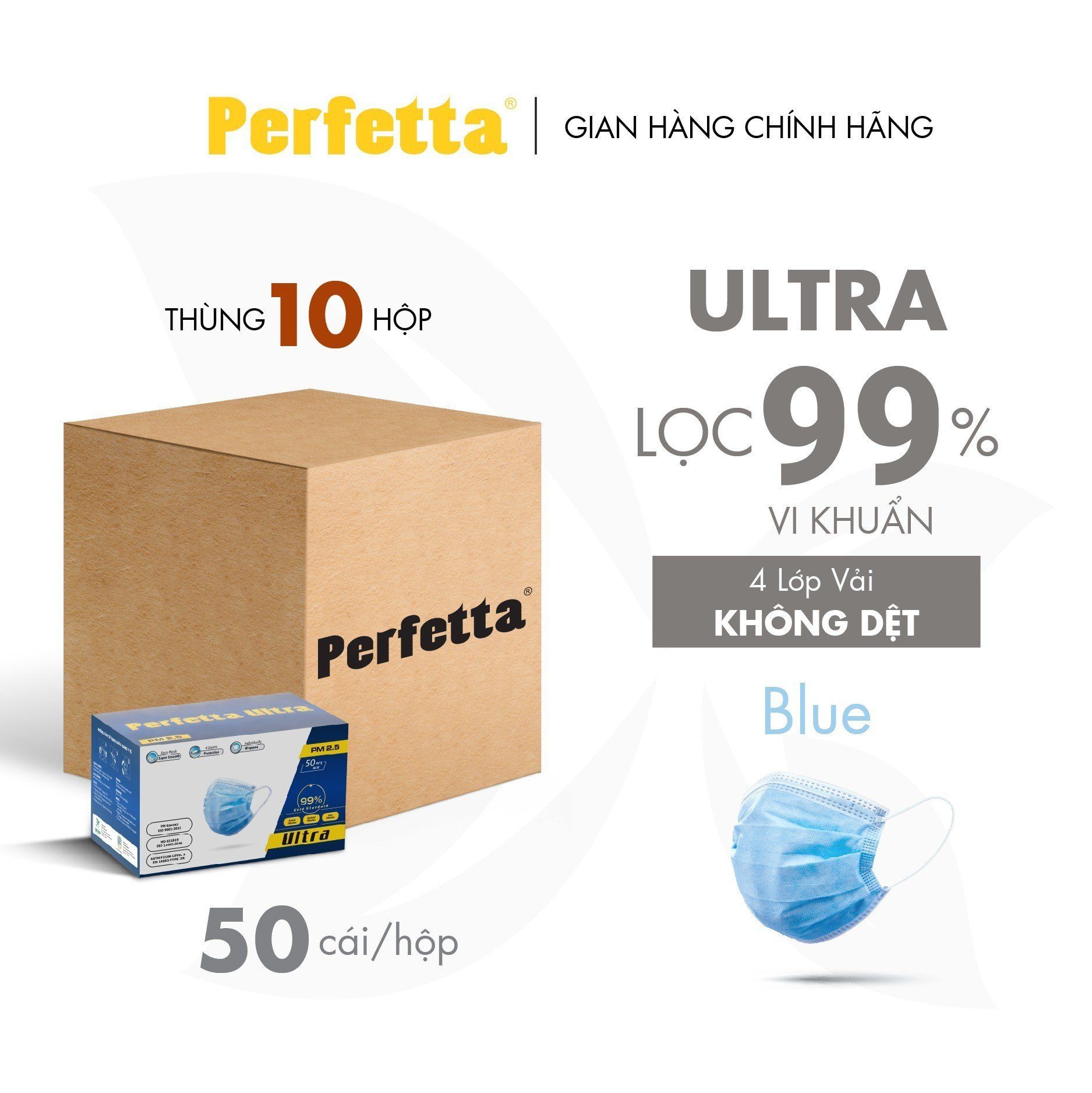  Thùng 10 Hộp Khẩu Trang Y Tế Ultra Xuất Khẩu (50 cái/hộp) - Màu Xanh 