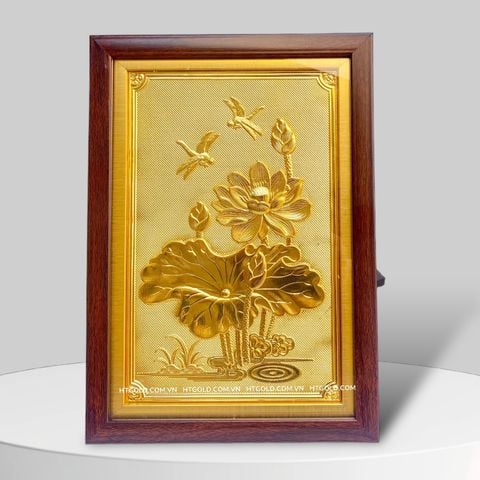 TRANH HOA SEN BẰNG ĐỒNG, DÁT VÀNG (Kích thước 24cm x 34cm)