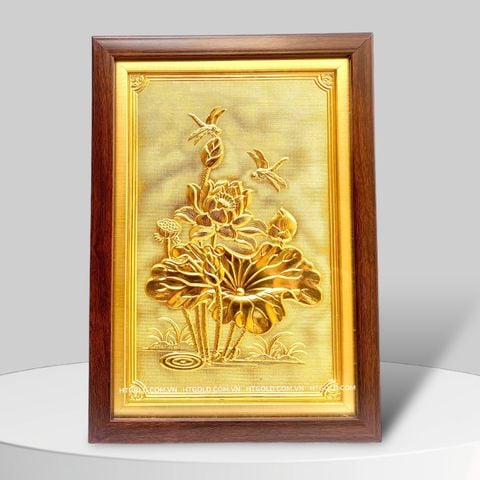 TRANH HOA SEN BẰNG ĐỒNG, DÁT VÀNG (Kích thước 24cm x 34cm)